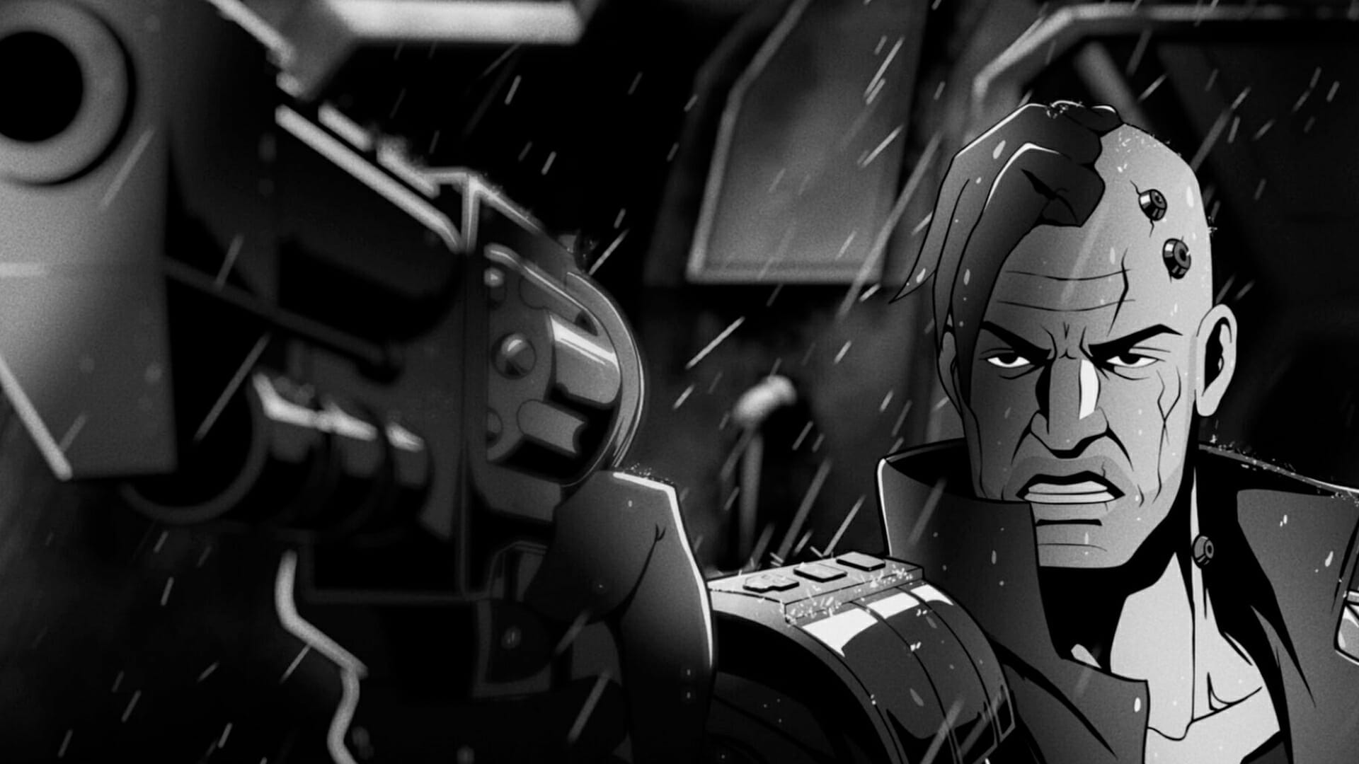 Banner for "M2 ANIMATION", an award-winning script-to-screen studio. Showcases the noir animated series "WARHAMMER INTERROGATOR". Features close-up grayscale graphics of robotic elements, rain, and an intense-looking animated male character with cybernetic enhancements on his bald head. Strong contrasts with a dark background. The style is bold and dramatic.