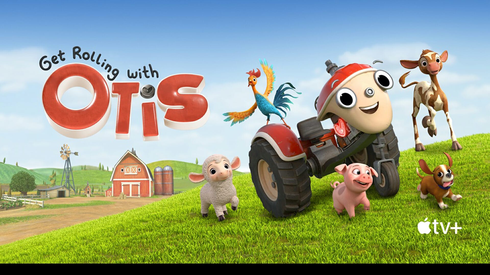 Promotional banner for M2 Animation's 'Get Rolling with Otis', an Apple Original. Features Otis, a red toy tractor, alongside cheerful farm animals including a calf, sheep, and a playful dog. The backdrop showcases a serene farm setting with a windmill. The banner emphasizes the collaboration with Apple TV+.